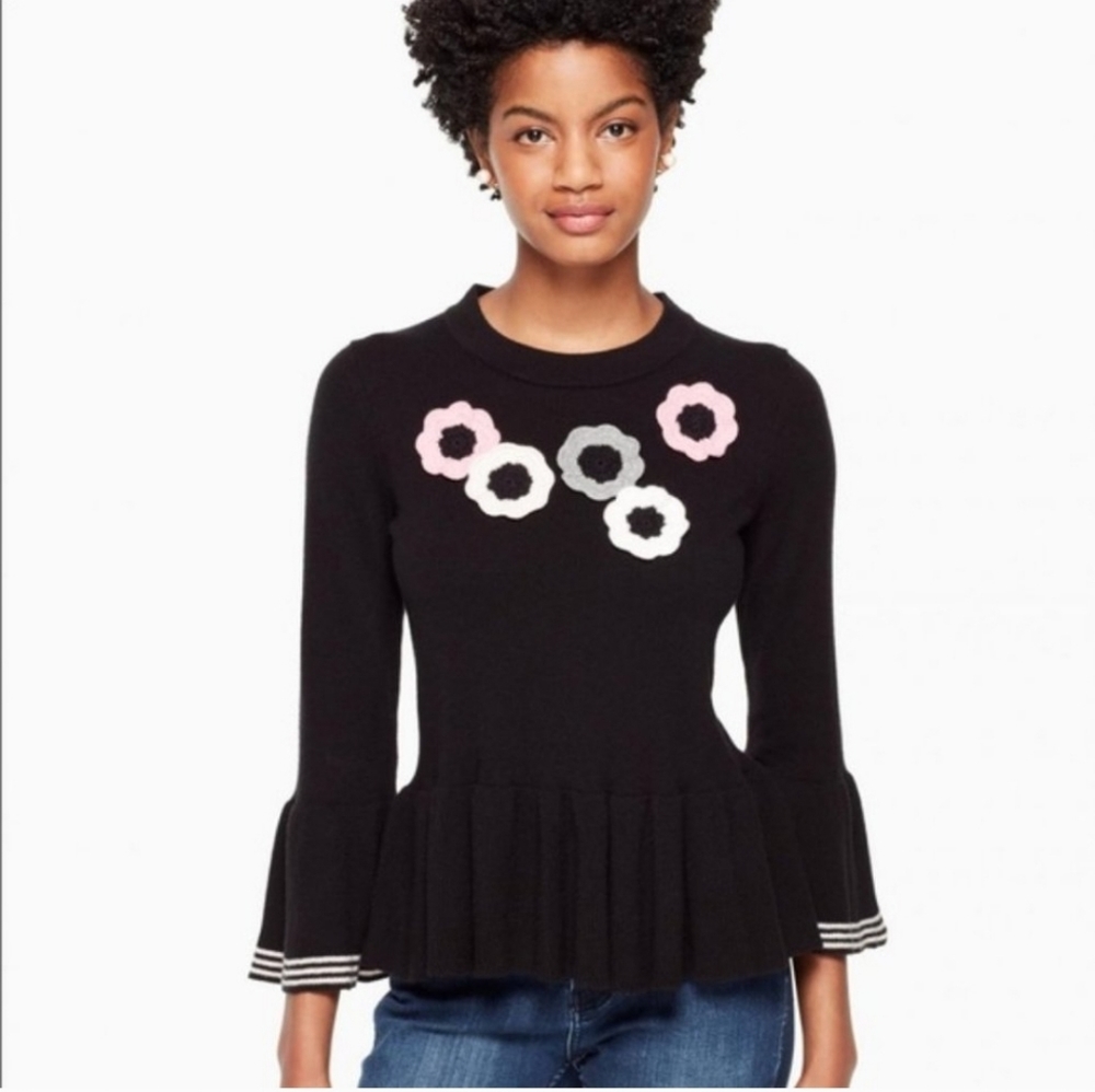 KATE SPADE Crochet Floral Bell Sleeve Sweater